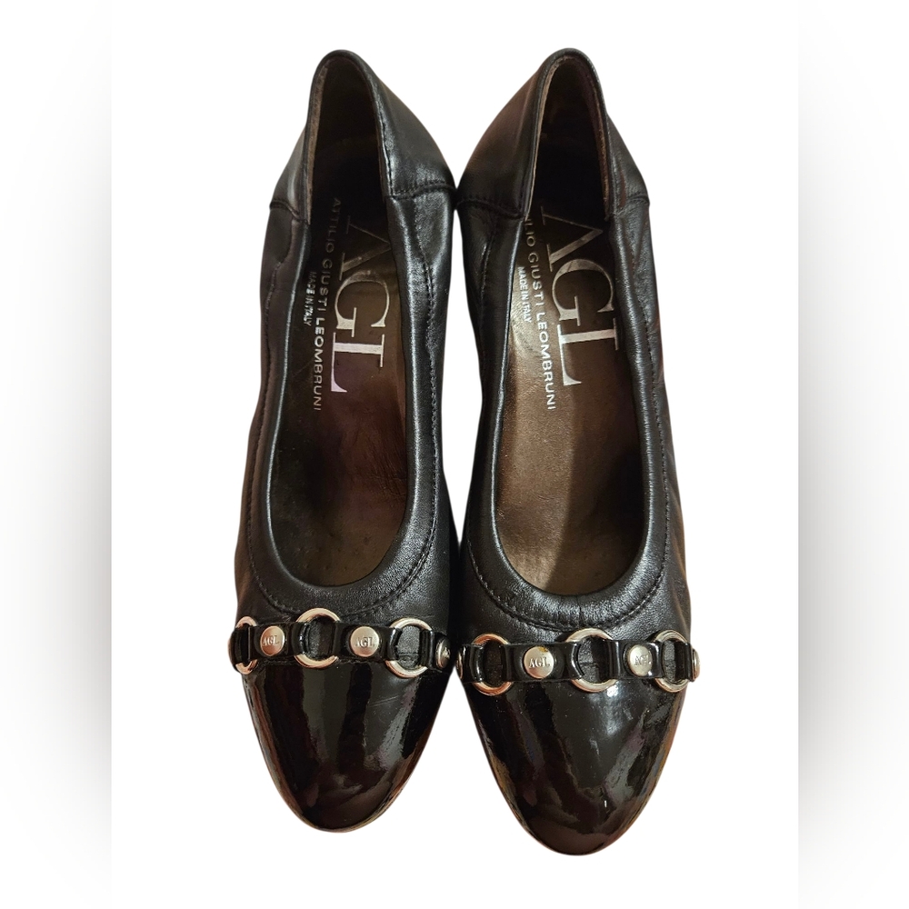 AGL Black Patent Leather Flats with Silver Accents